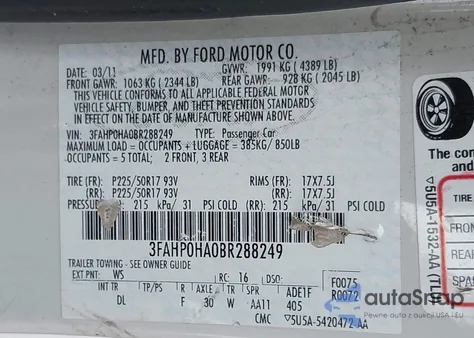 2011 Ford Fusion Se z USA, uszkodzony, nr VIN 3FAHP0HA0BR288249